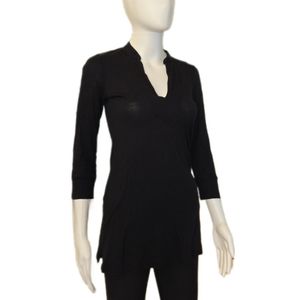 Splendid V-Neck Stand Collar Black Banded 3/4-Sleeve Side-Slit Tee Size S